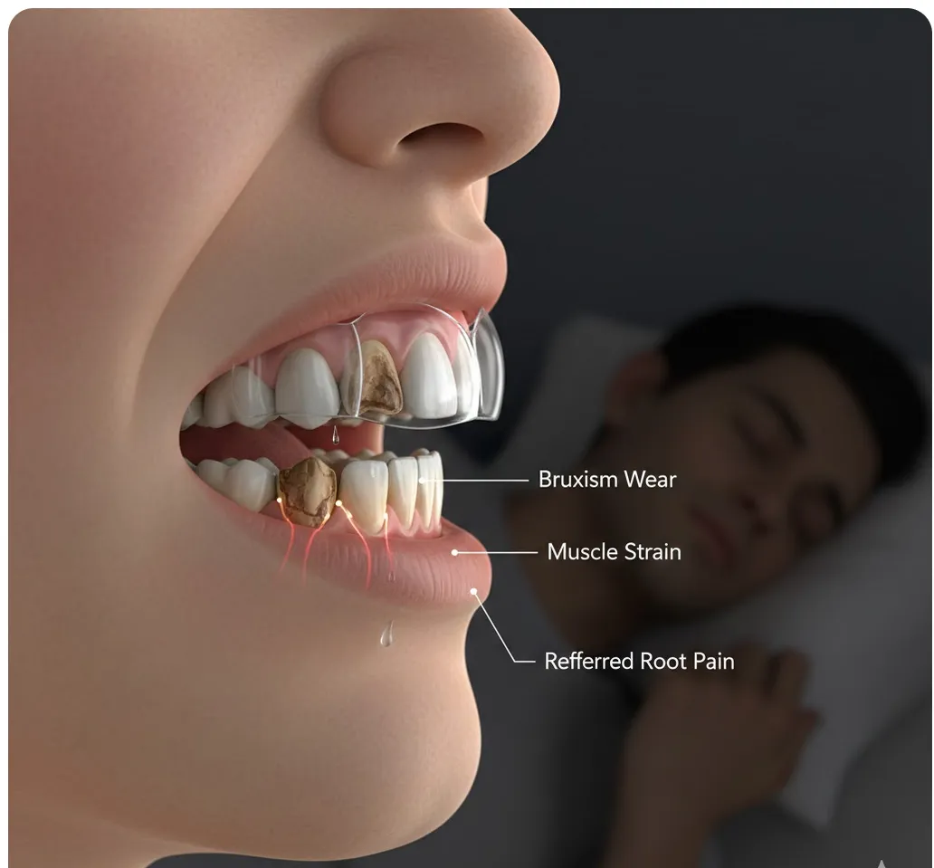Illustration of bruxism teeth grinding mimicking root canal pain