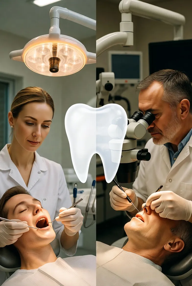 Endodontist using a surgical microscope during root canal treatment