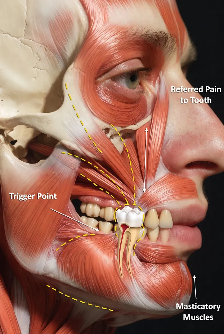 Illustration of jaw muscle soreness mimicking root canal tooth pain