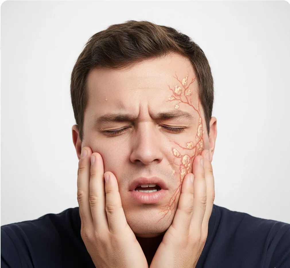 Person experiencing jaw and tooth pain that may be caused by shingles
