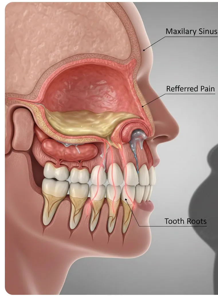 Illustration of sinus pressure mimicking root canal tooth pain