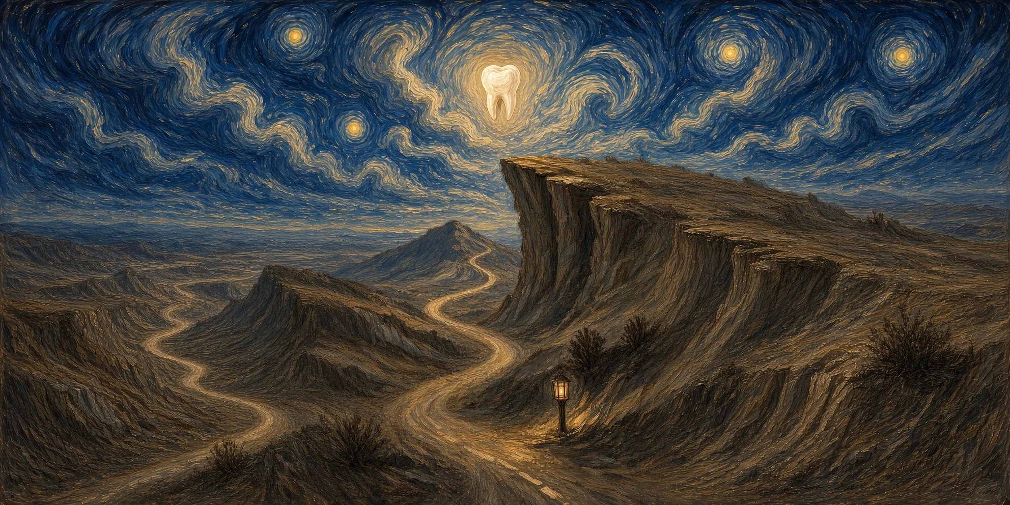 The natural road: a golden road winds through night hills toward a small glowing tooth hanging like a moon in a swirling starry sky above a cliff. A lantern burns at the fork.