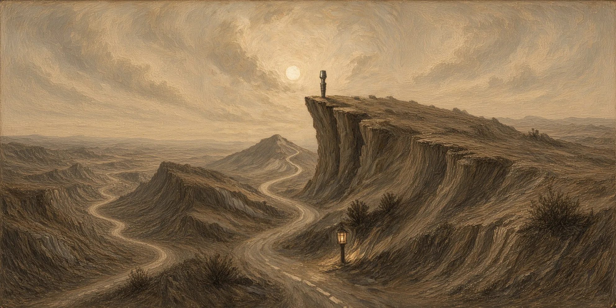 The other road: the same landscape faded to sepia under a dim sun. The road is pale and dashed, and a lone implant post stands on the cliff where the tooth was.