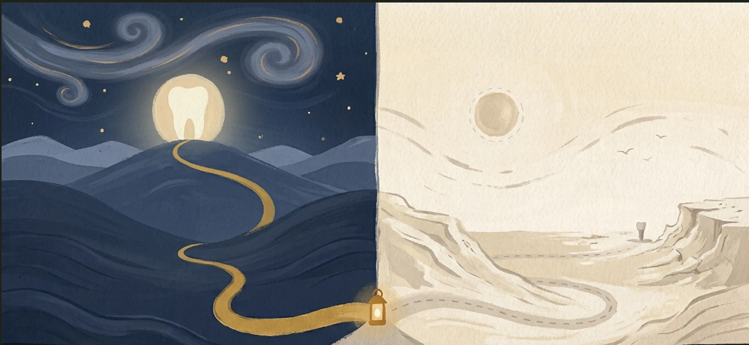 A painted night landscape: a golden road leads to a glowing natural tooth under a starry swirl sky; a pale dashed road wanders toward a lone implant post.